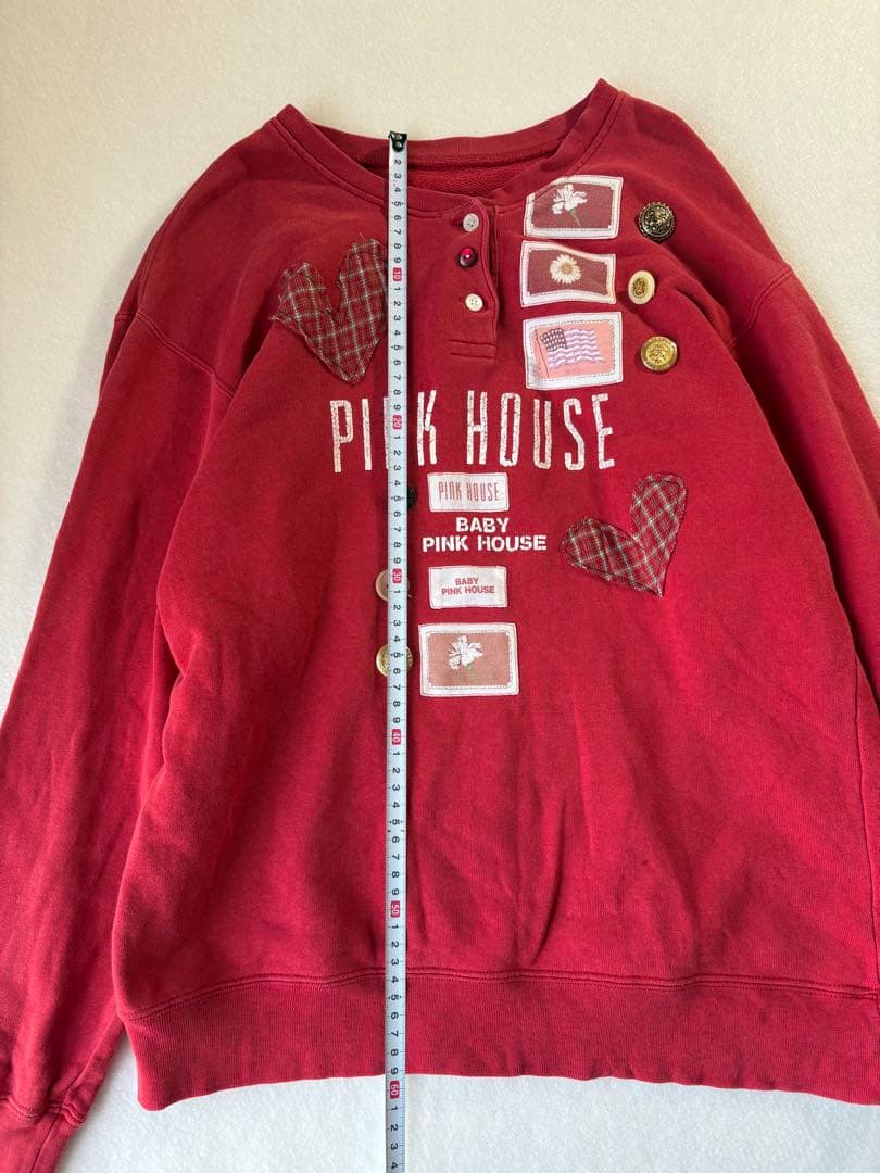 レアデザイン❤︎PINK HOUSEワッペン チェック ボタン赤スウェット