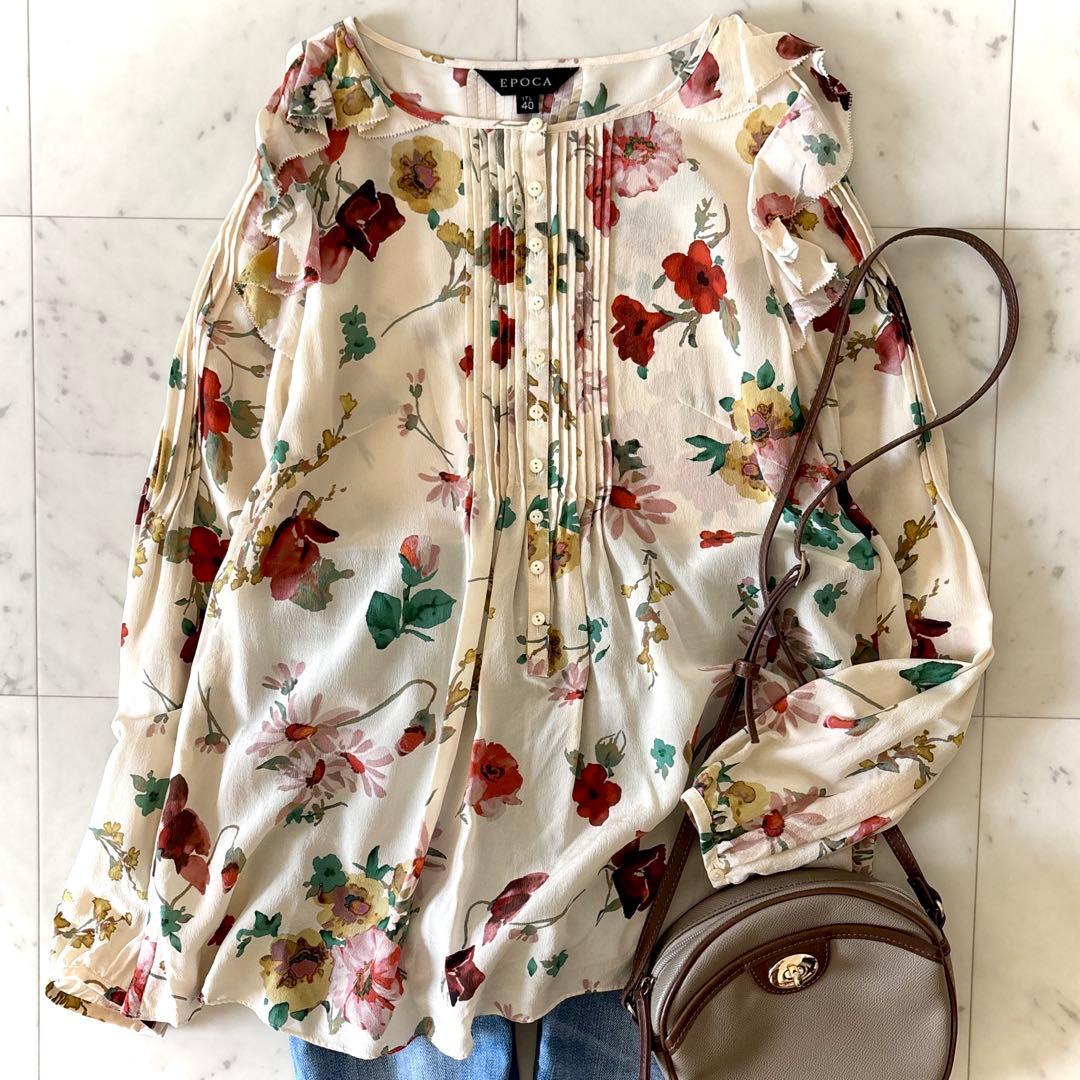 美品 エポカ シルク100% フラワープリントブラウス イタリア製 アイボリー EPOCA｜シアーフラワープリントブラウス