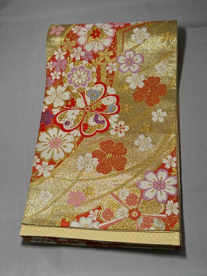美品] 袋帯 正絹 金 熨斗 桜 成人式 結婚式 振袖 訪問着 礼装 略