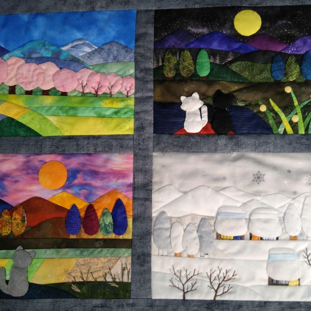 四季の風景タペストリー・古民家と猫たち・パッチワークキルト62×54 四季の風景タペストリー・古民家と猫たち・パッチワークキルト62×54