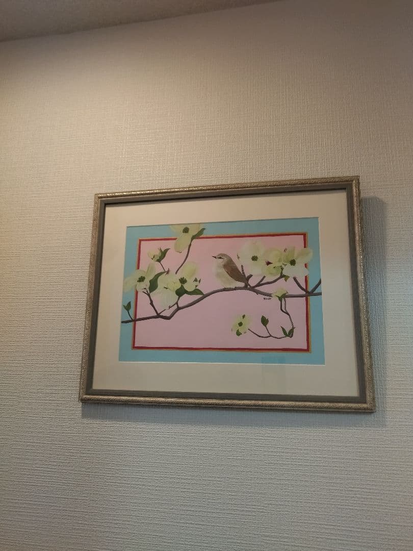 ウグイスとハナミズキ　ガッシュ画