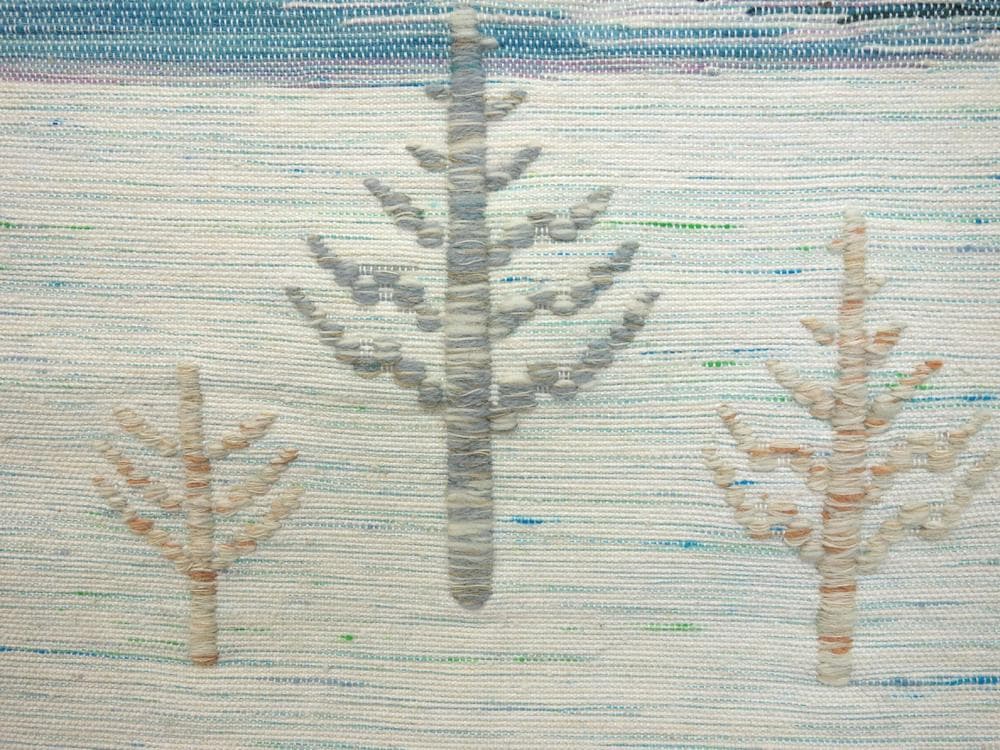 中古美品 北海道ユーカラ織八寸帯 エルム 風景模様 白 水色□N80127-