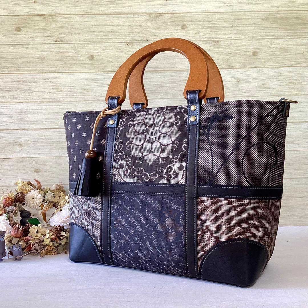 花柄 大島紬×本革 着物リメイク トートバッグ 和装バッグ ハンドメイド A4
