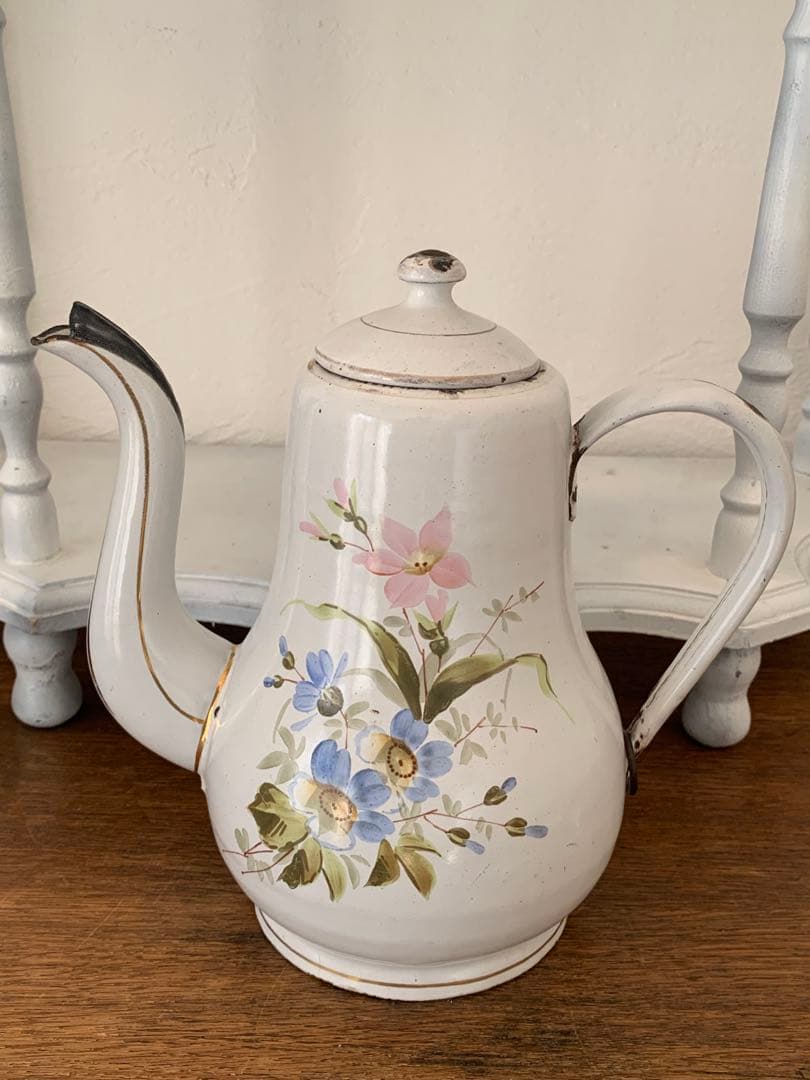 エマイユ　ホーロー　ポット　ブロカント ホーロー 赤 ドット 水玉 ポット フランス アンティーク ブロカント