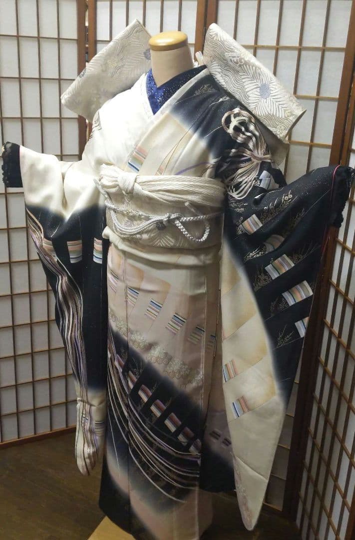 477銀通し 白紺 バイカラー正絹振袖6点フルセット成人式卒業式謝恩会