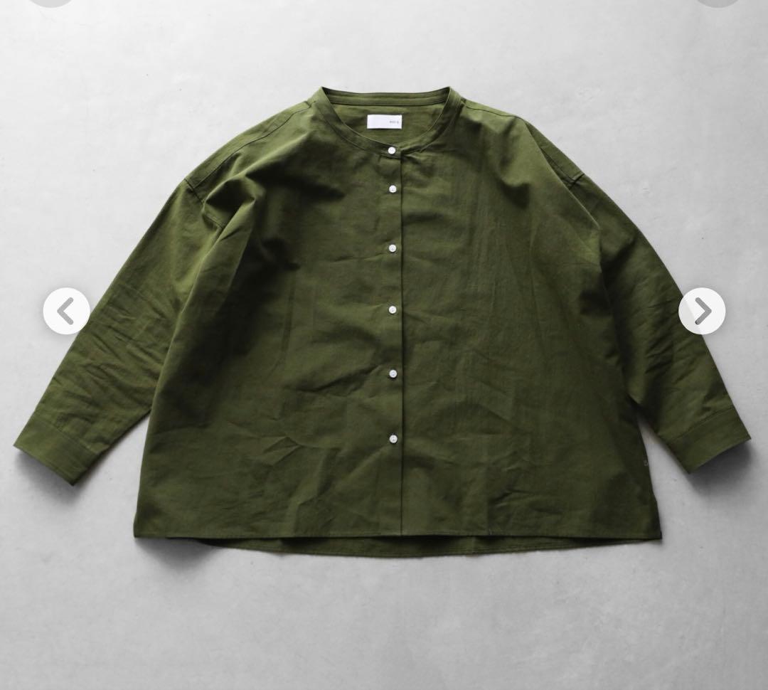 HUIS ギザコットンヘンプ　バンドカラー　ブラウス　遠州織物　huis ギザコットンヘンプバンドカラーオーバーシャツ（ナチュラルグレー