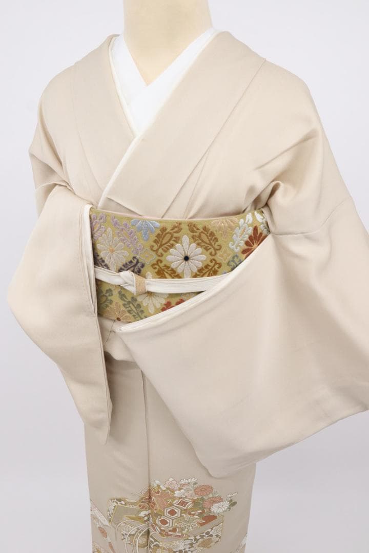 《長尺■色留袖■古典柄◆檜扇に文箱吉祥文■ベージュ◆袷正絹着物◆DY3-7》