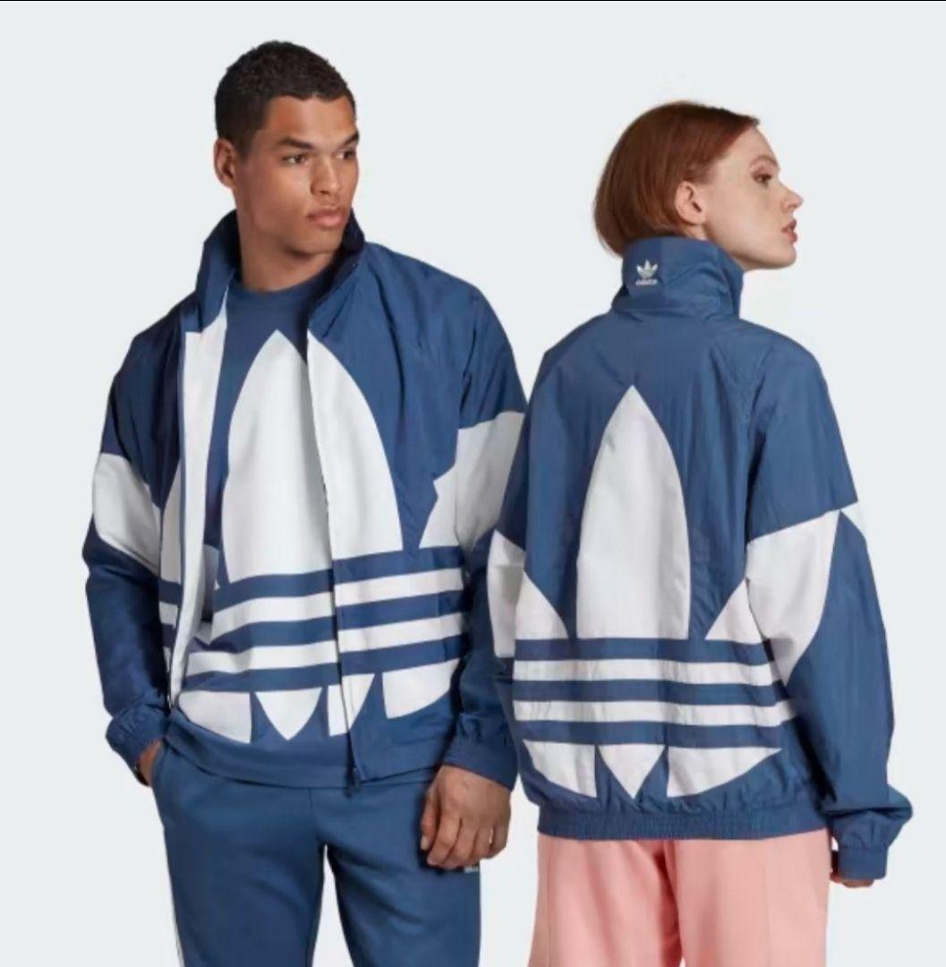 adidas 青 ビッグトレフォイル ブルゾン ナイロンジャケット メンズO
