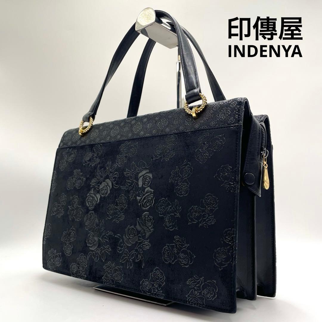 美品★印傳屋 フォーマル ハンドバッグ 薔薇 花柄 鹿革 漆塗り ゴールド金具 INDEN-YA / 印傳屋 印伝 ローズ 薔薇柄 鹿革 漆塗り 手提げ フォーマル