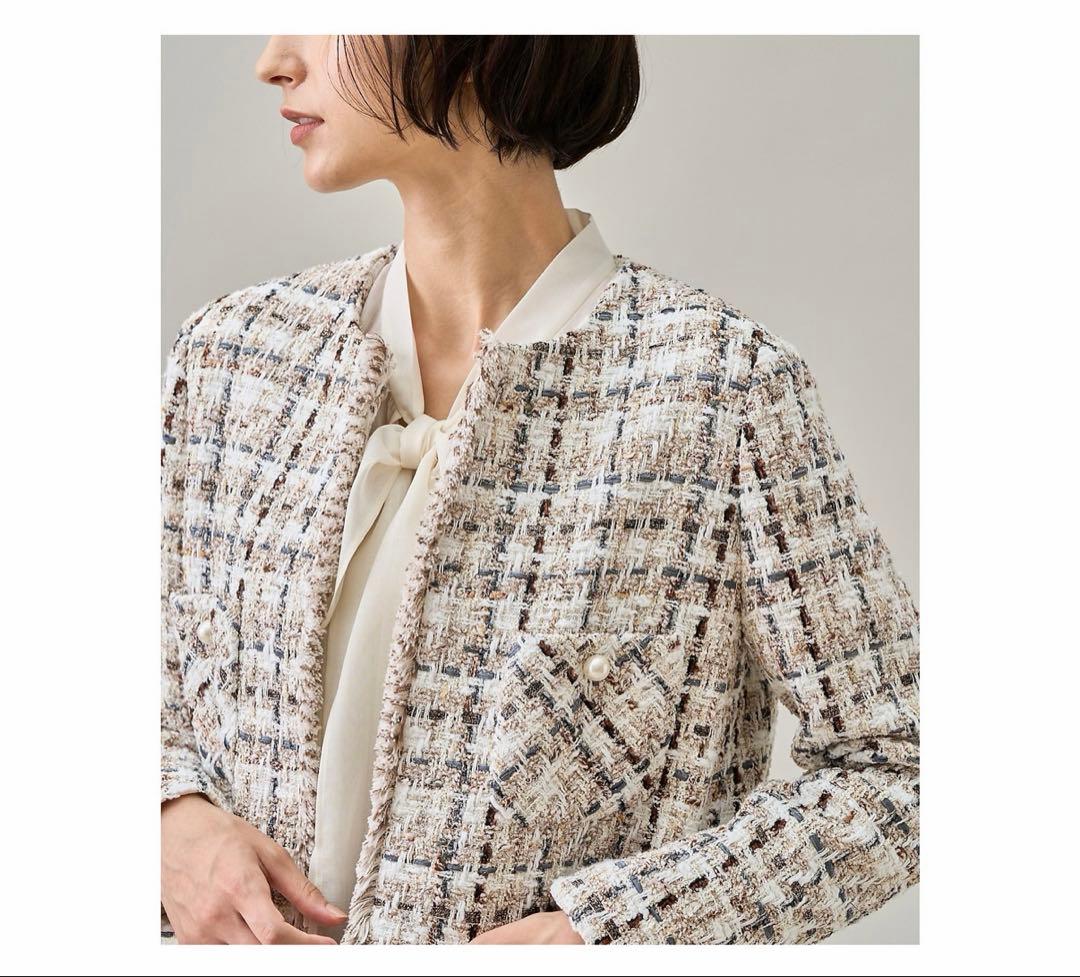 アナイ ラメスラブツイードロング ジャケット ノーカラージャケット