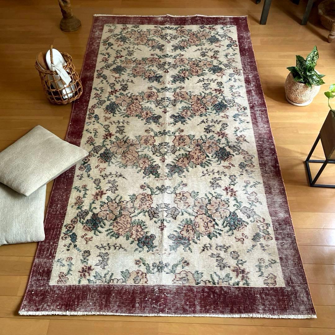 104×200 キナリ×ボルドー　薔薇の街　トルコヴィンテージラグ 104×200 キナリ×ボルドー薔薇の街トルコヴィンテージラグ