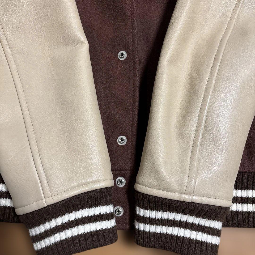 BEAMS / 本革切り替え スタジャン ブラウン×オフホワイト Lサイズ