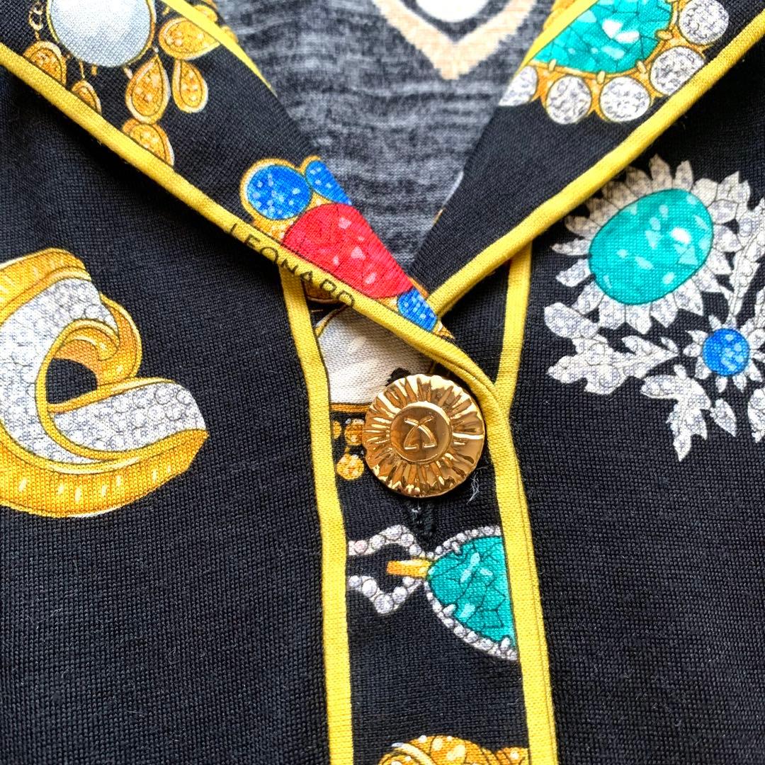 レオナール ベルト 膝丈ワンピース 宝石 ウールシルク 襟 トリム 金