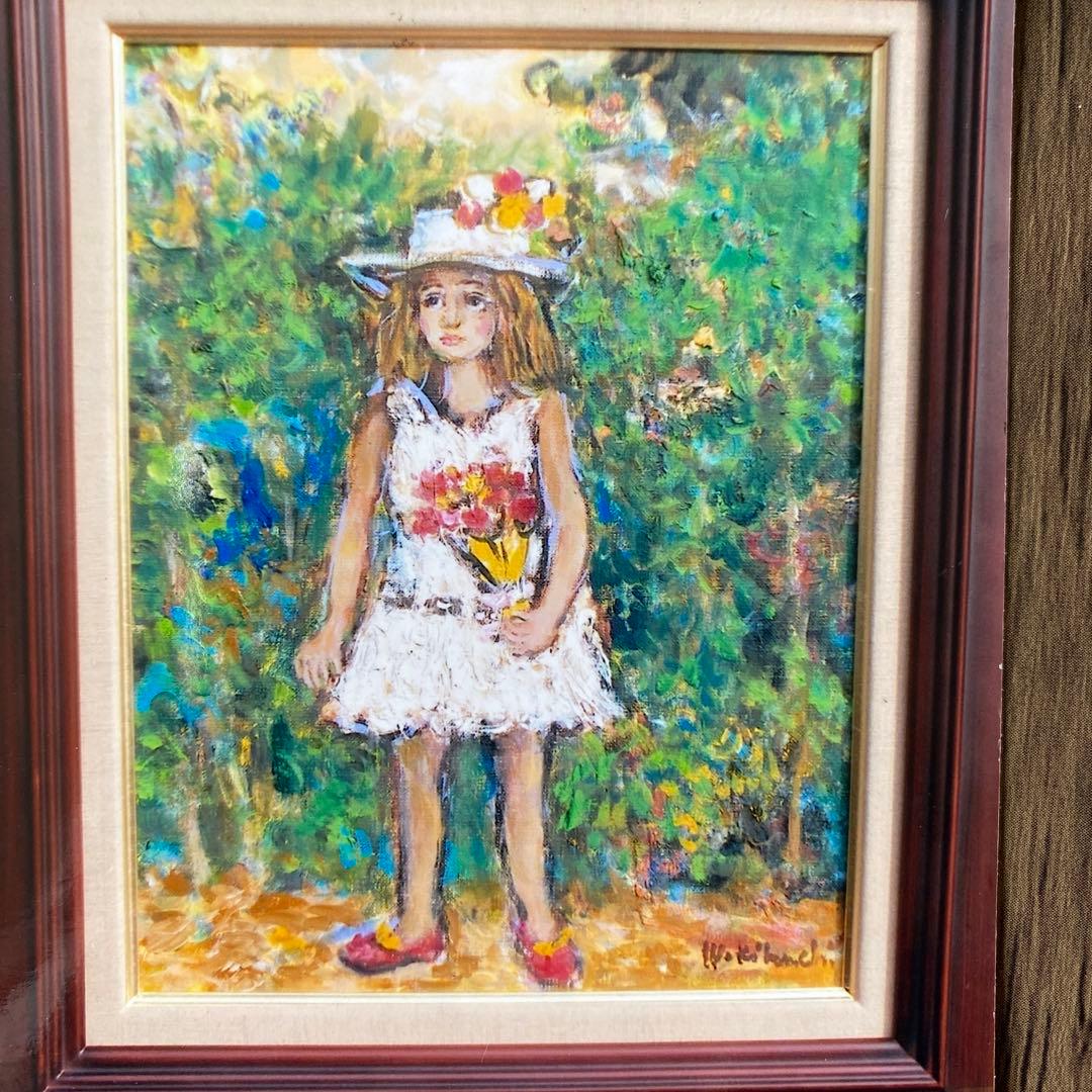 絵画 油彩画 油絵 「ブーケを持つ少女」F6号 菊地正則 額付き 美品