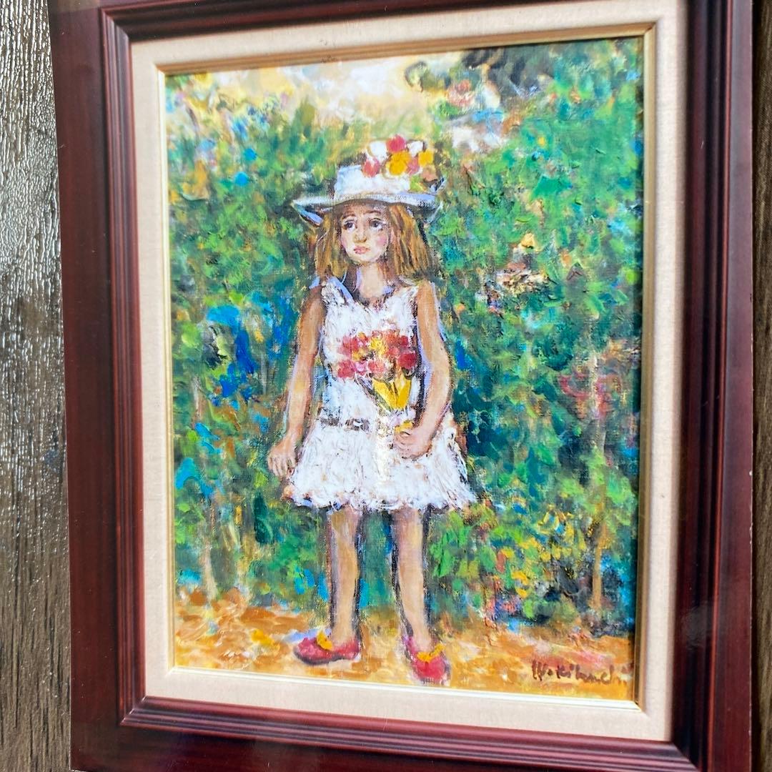 絵画 油彩画 油絵 「ブーケを持つ少女」F6号 菊地正則 額付き 美品