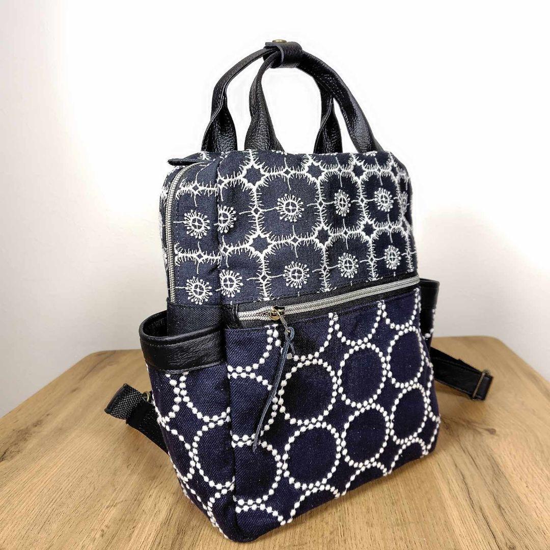 専用】/タンバリンネイビー×アネモネ/ボストン型トートリュック本革黒