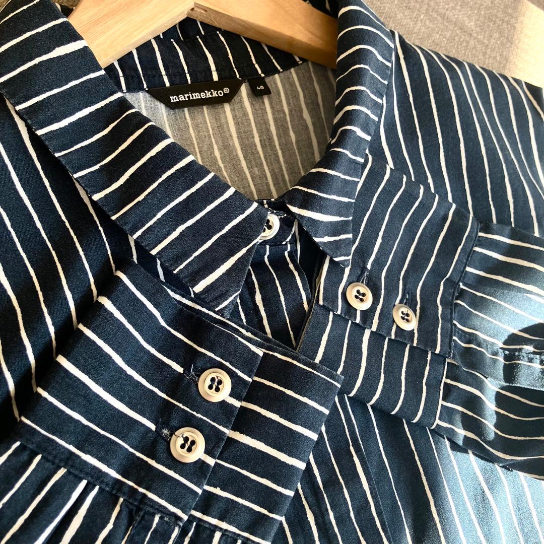 美品】マリメッコ シャツワンピース PICCOLO 縦縞 銀ボタン ピッコロ