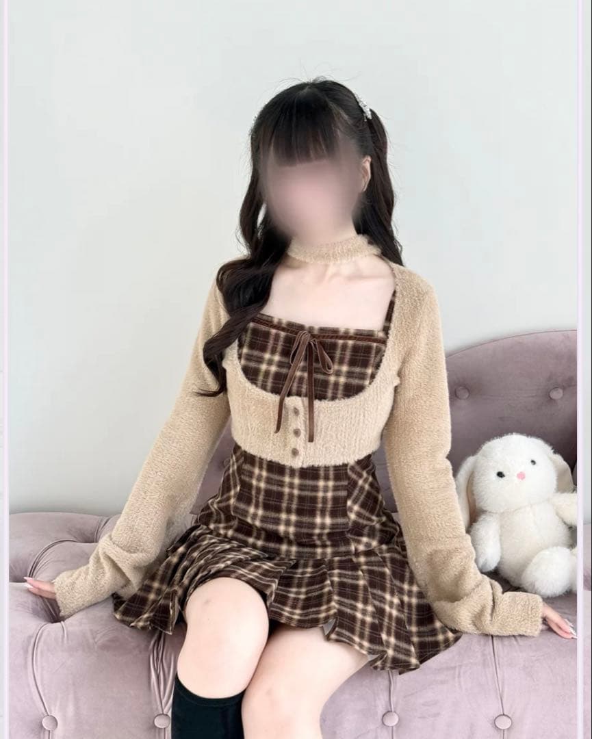 Bunnylis ファーボレロ×チェックミニワンピース ブラウン Sサイズ