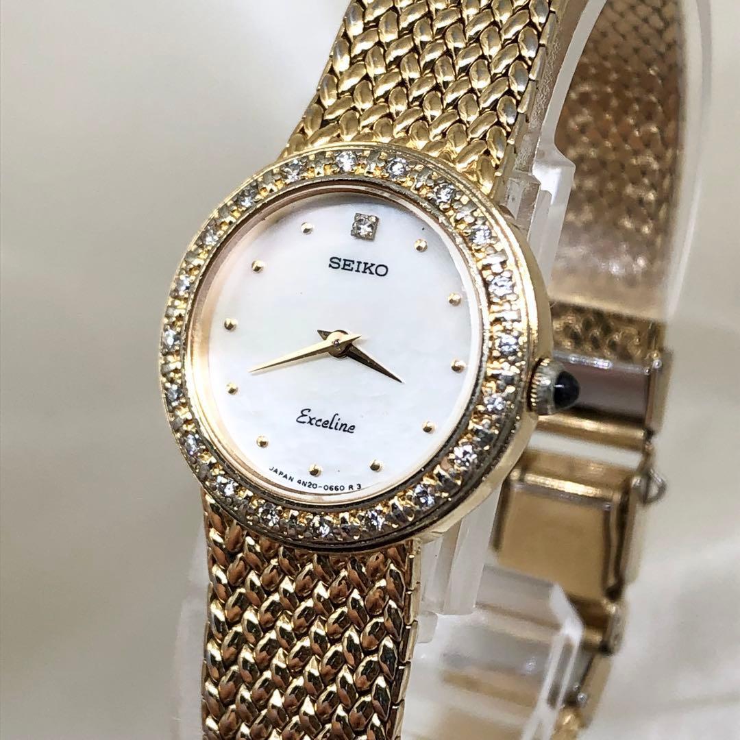 稼働品】SEIKO セイコー エクセリーヌ シェル文字盤 ダイヤベゼル