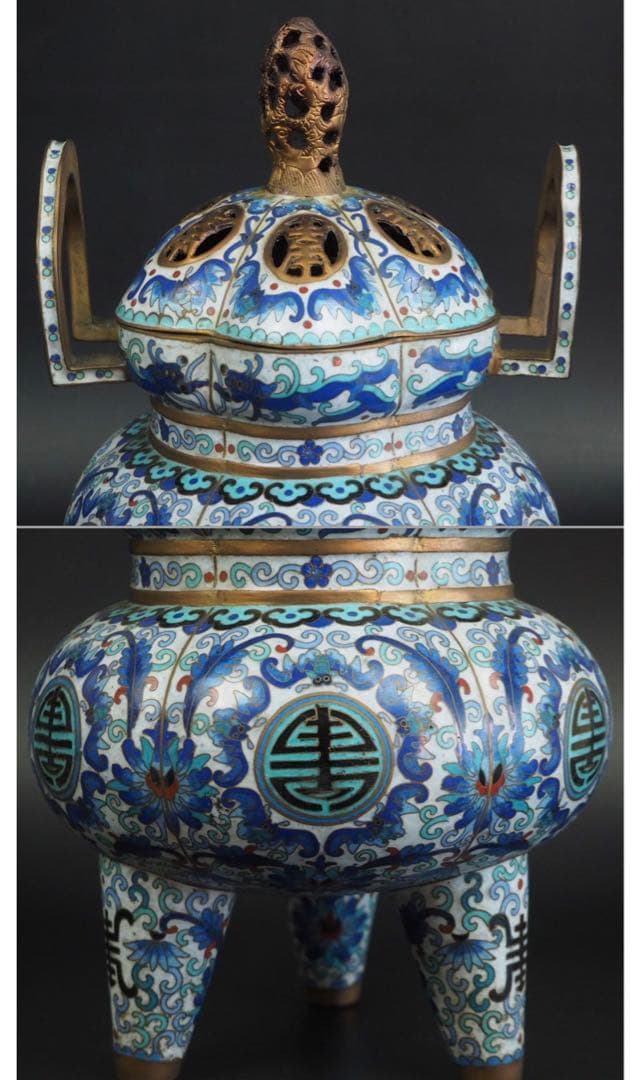 送料無料 時代唐物 龍鳳摘み大型七宝香炉 台付き高36cm 中国古玩