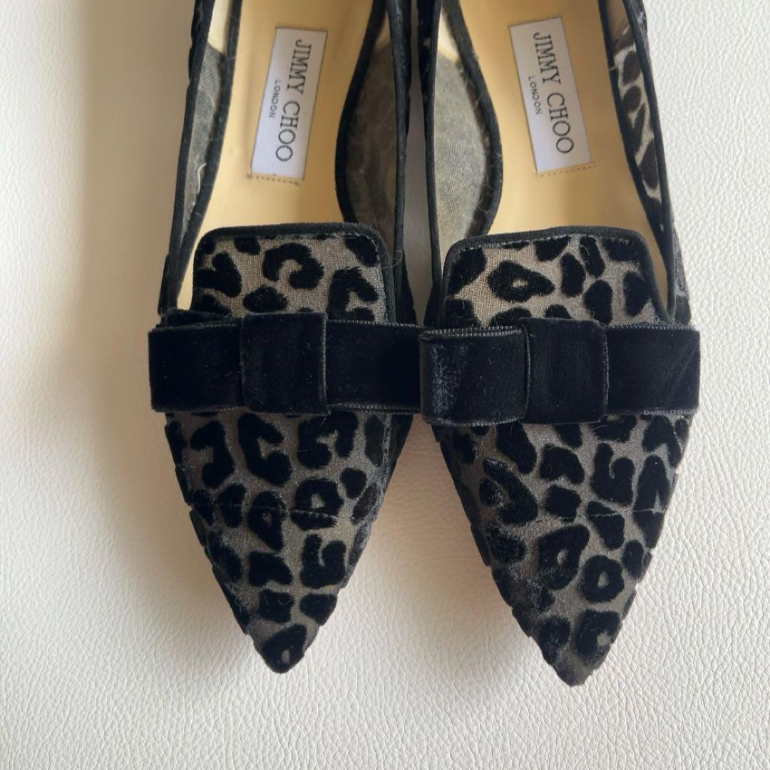 ジミーチュウ ベロアリボン レオパードパンプス ポインテッドトゥ 金