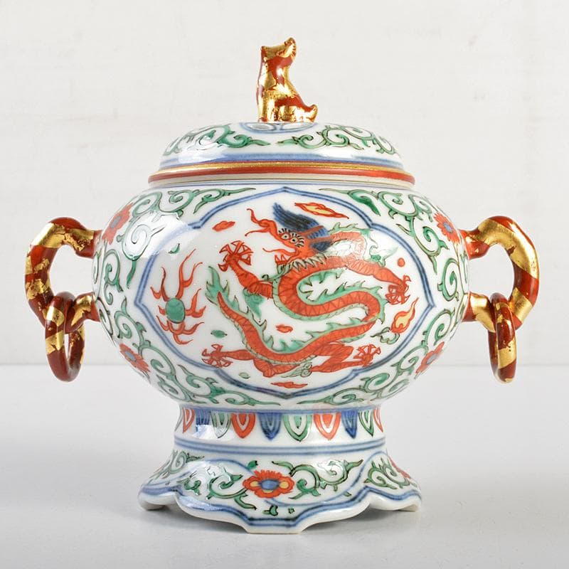 篩月庵 三浦竹泉造 赤絵金彩 花唐草龍文 双耳遊環香炉 共布共箱 J