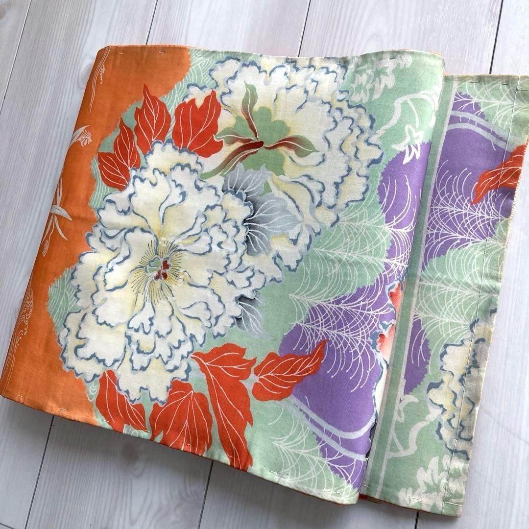 アンティーク京袋帯 しつけ糸付 刺繍の花模様 正絹 大正ロマン N2-26