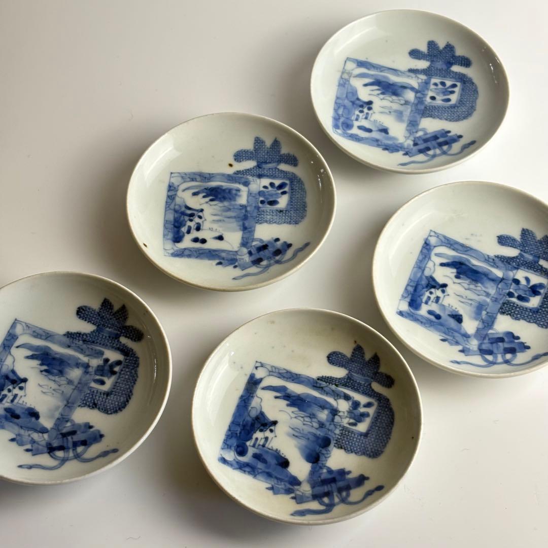 染付 小皿 5枚 伊万里 平皿 丸皿 取り皿 豆皿 和骨董 古染付 お得＞伊万里染付扇型豆皿5枚 江戸幕末期 薬味皿・豆皿 antique art