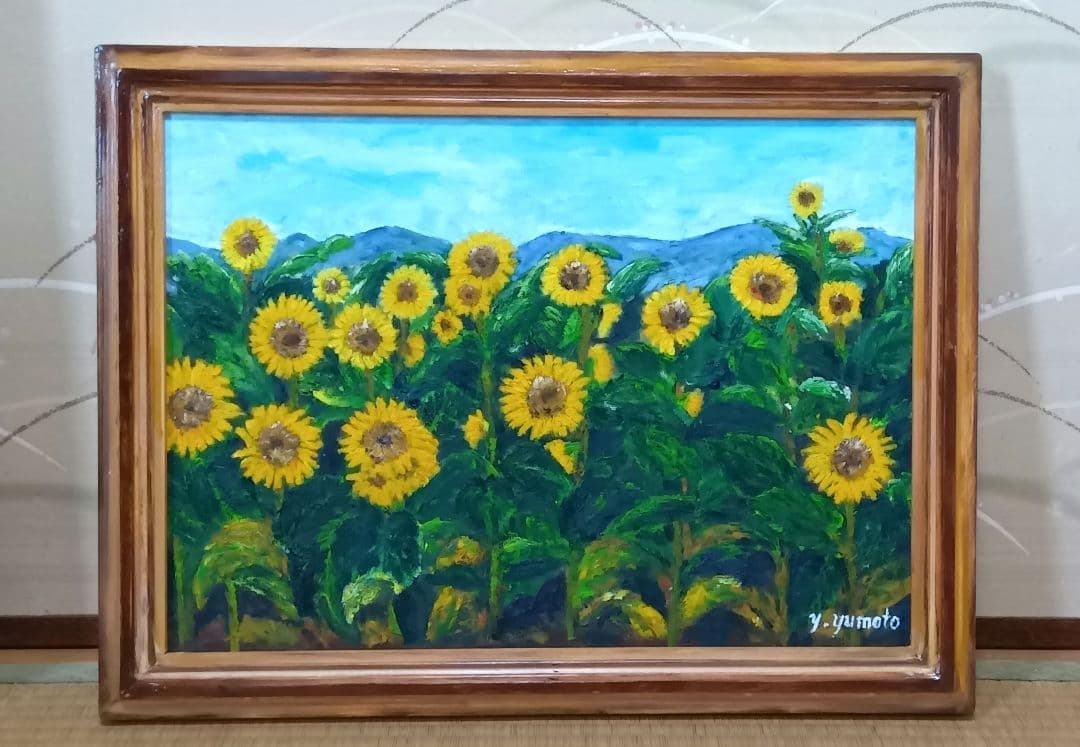 油絵 風景画 ひまわり【8月】【P8】 油絵 絵画【夕日と赤富士のひまわり畑】 | HIROSHI1990