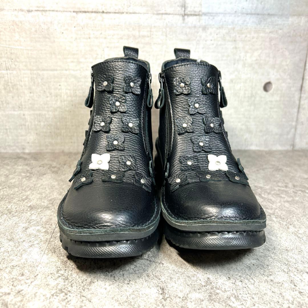 新品【JSハートレーベル 】レザーショートブーツ/花/ジップ/厚底