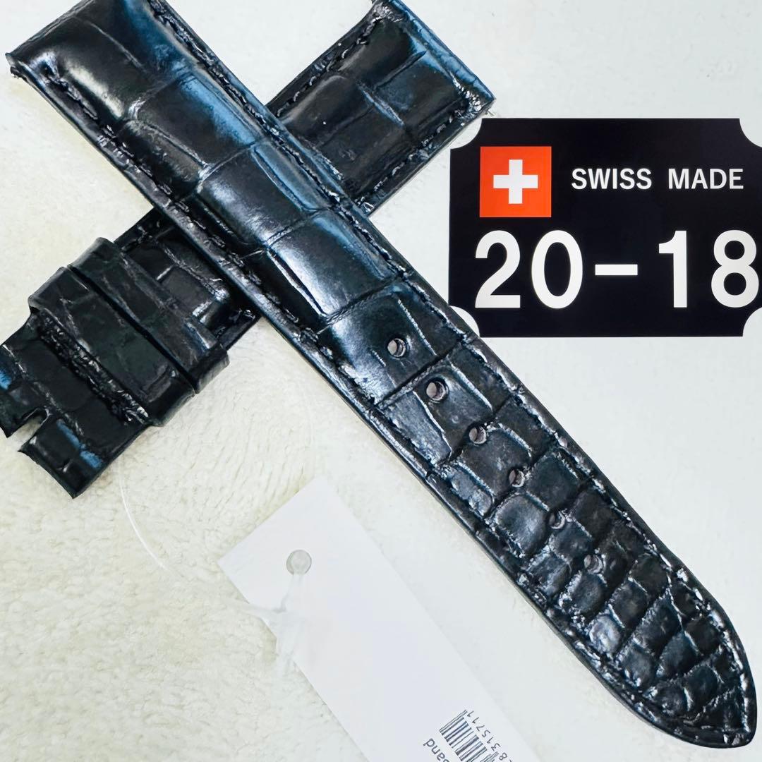 3007#20mm-18mmブラック★本物クロコダイルベルト★スイス製 7010#21mm-18mmブラック☆本物クロコダイルレザーベルト☆スイス製