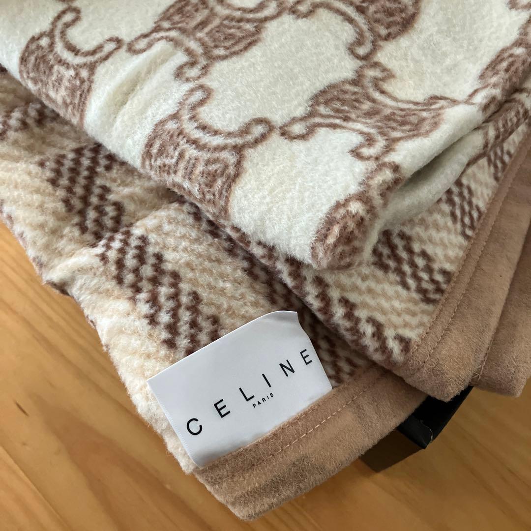未使用品 セリーヌ 綿毛布 ロゴ 総柄 ブランケット ひざ掛け シングル