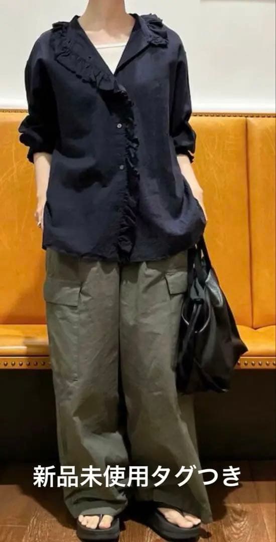 かぐれ　コットンリネンフリルカラーシャツ　ネイビー コットンリネンフリルカラーシャツ（シャツ/ブラウス）｜かぐれ