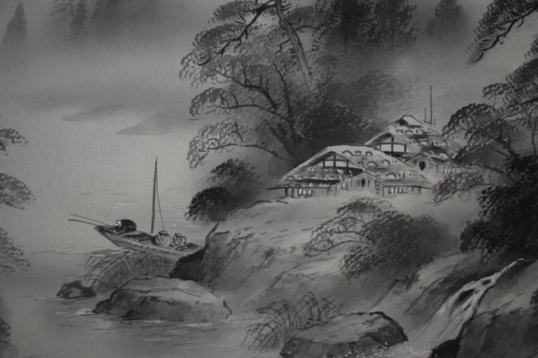 真作/金子春雪/山水漁師図/桐共箱付/布袋屋掛軸HG-334 - メルカリ