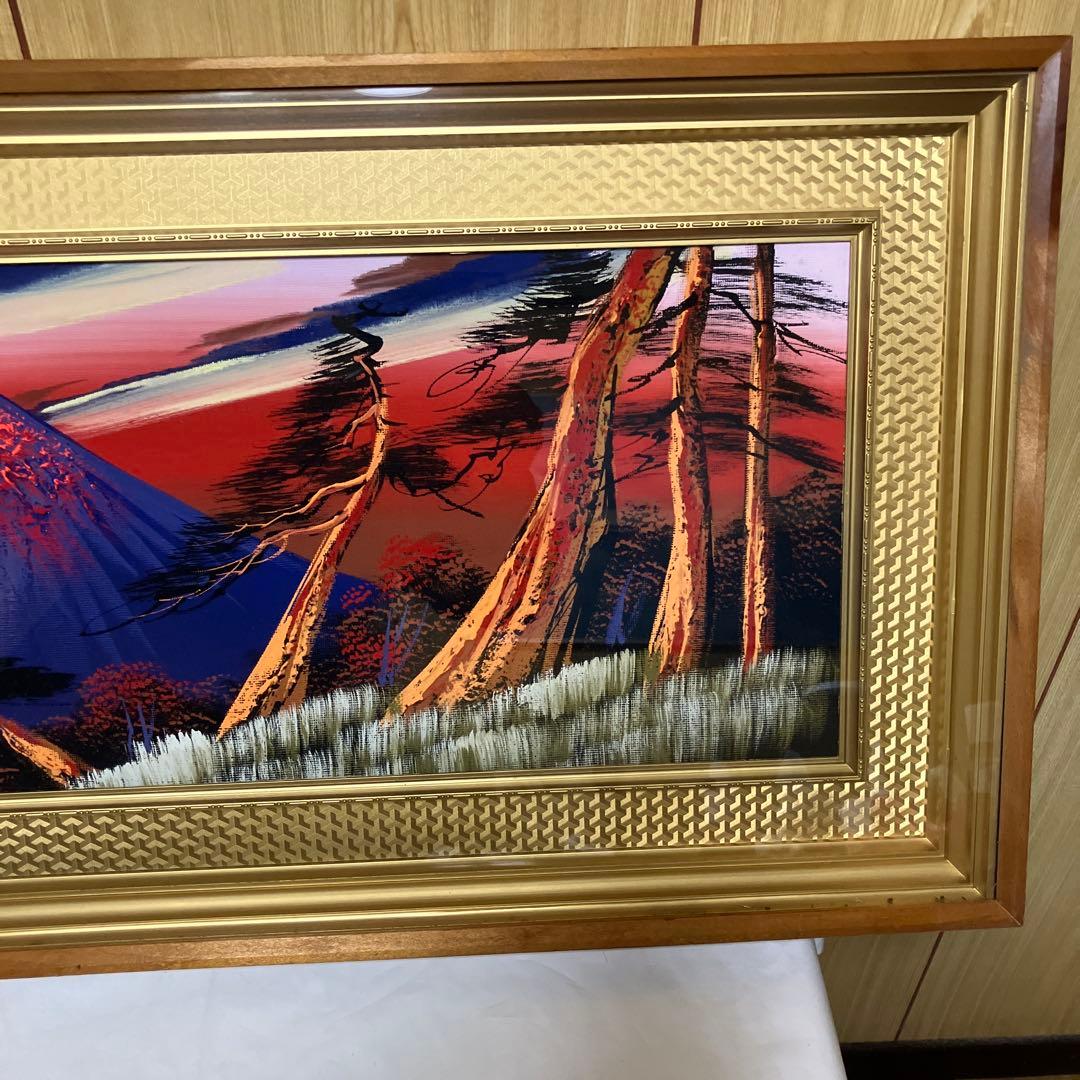赤富士 額 富士山 日本画 横長 金色フレーム 「洗月」 ワイド - メルカリ