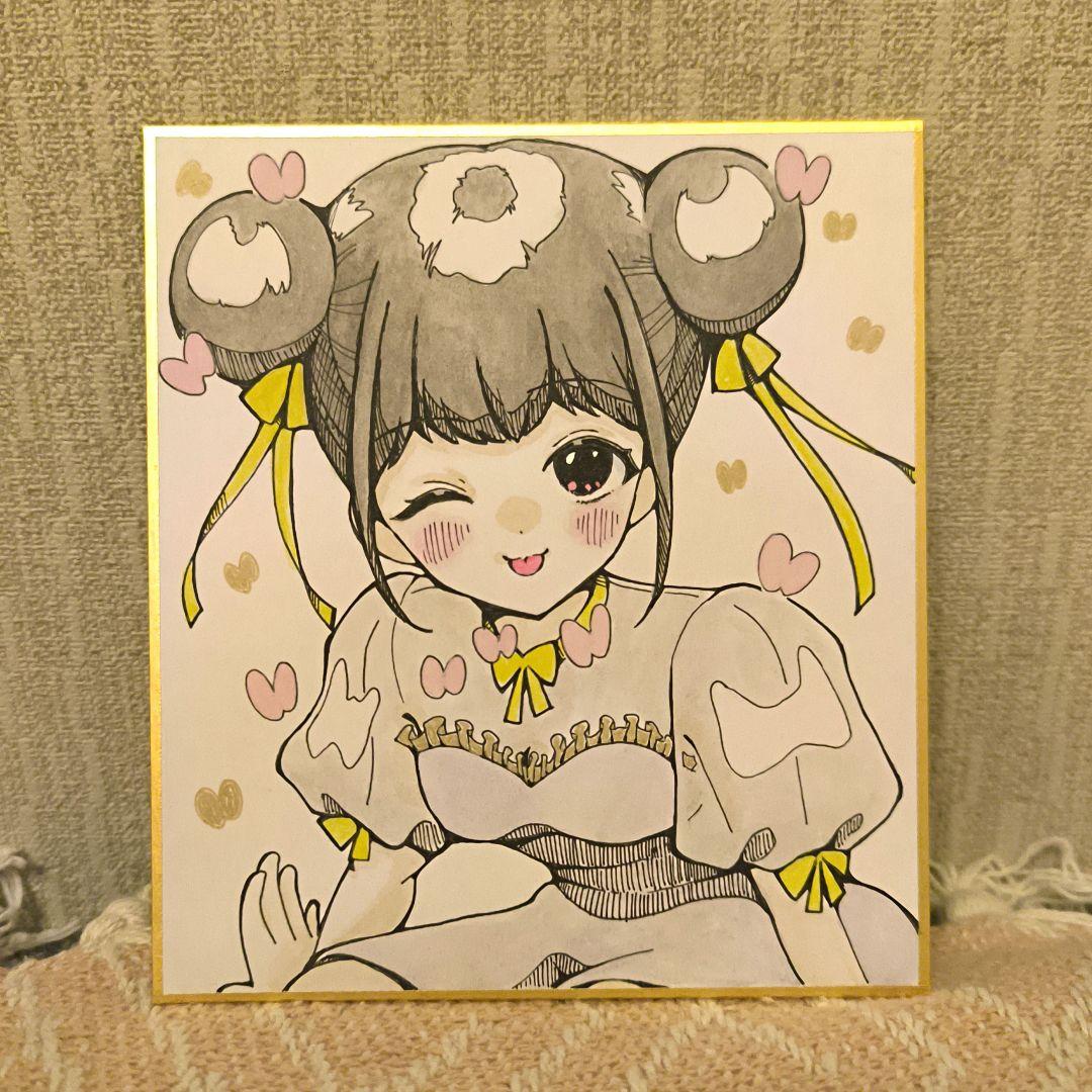 手描きイラスト 春 チャイナ オリジナル アナログ 色紙 原画 水彩画