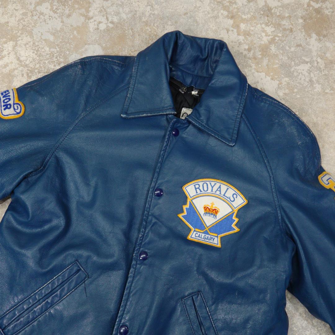 80s-90s オールレザースタジャン 40 カナダ ブルー ライナー 襟付きの