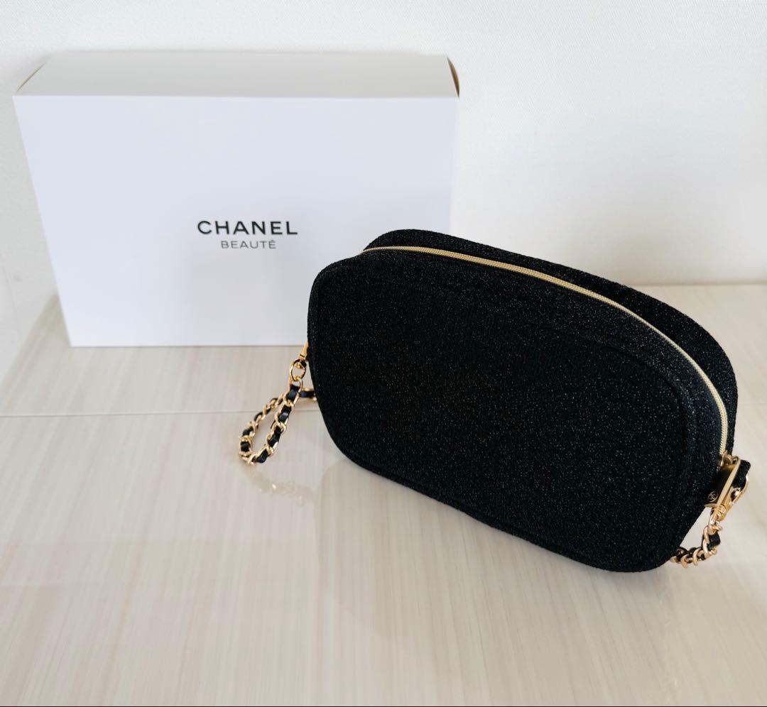 CHANEL 黒ノベルティコフレポーチ☆新品ラメ入りショルダーストラップ