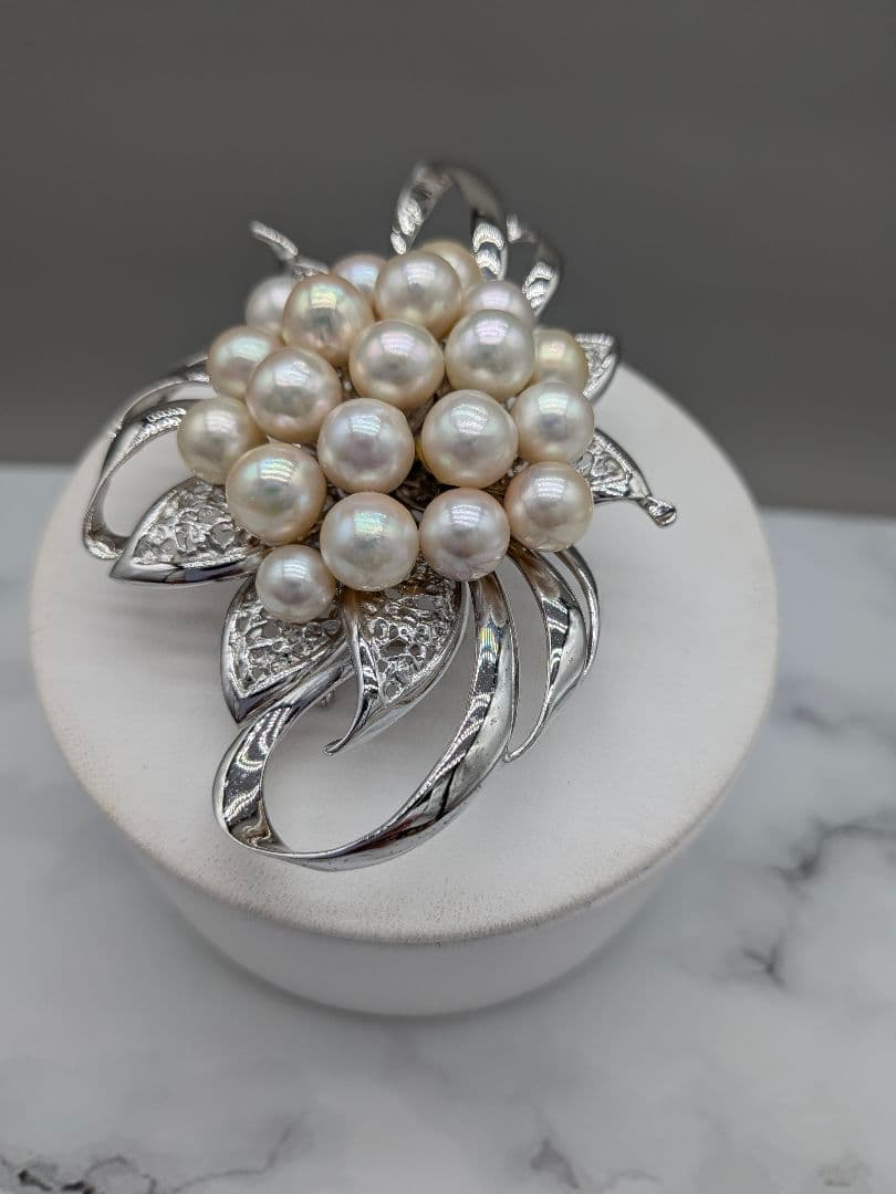 あこや真珠 ブローチ 大粒20珠 9.7×6.5cm 花デザイン　帯留め兼用