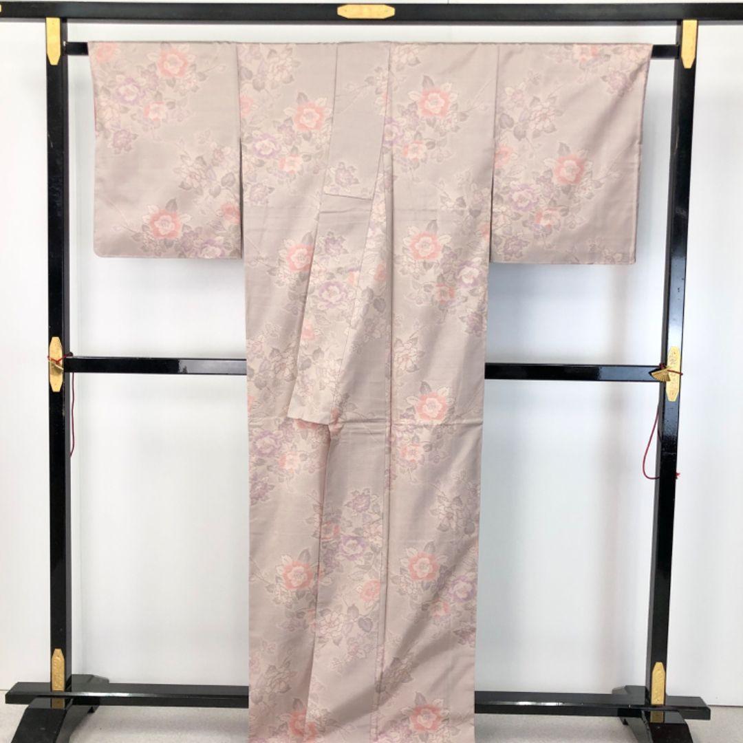 本場大島紬 横双 美しい花模様 鴇色鼠 くすみカラー トールサイズ K