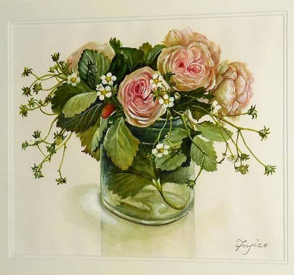 貴重な肉筆原画 橋本不二子「バラと苺(Wishing)」水彩画 直筆サイン入