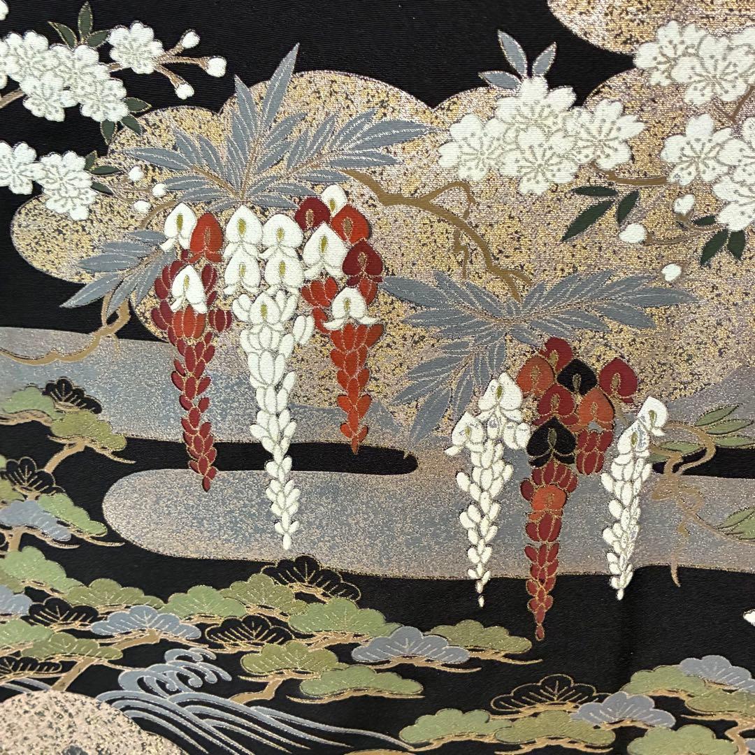 D126 黒留袖 金駒刺繍 鶴 花模様 正絹 着物 袷 しつけ糸付き未使用極美