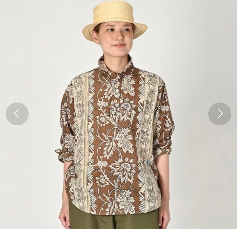 45R 更紗ブロックプリントの908オーシャンちび衿プルシャツ