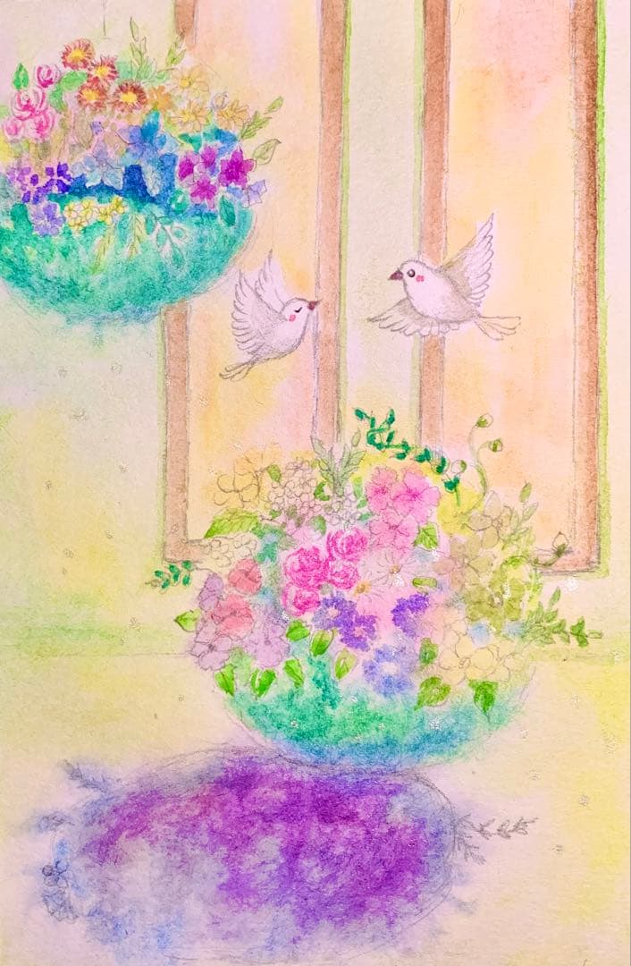 容音様専用水彩画 春の花玉と小鳥さん 値段は※900円です - メルカリ
