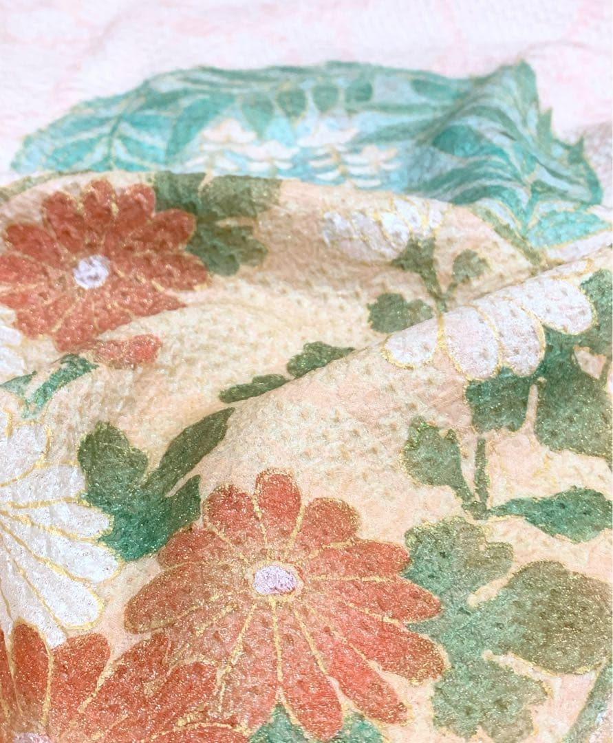 振袖 極上手描友禅 摺金箔 ピンク 絞り 正絹 中古 綸子 花丸 tkj014