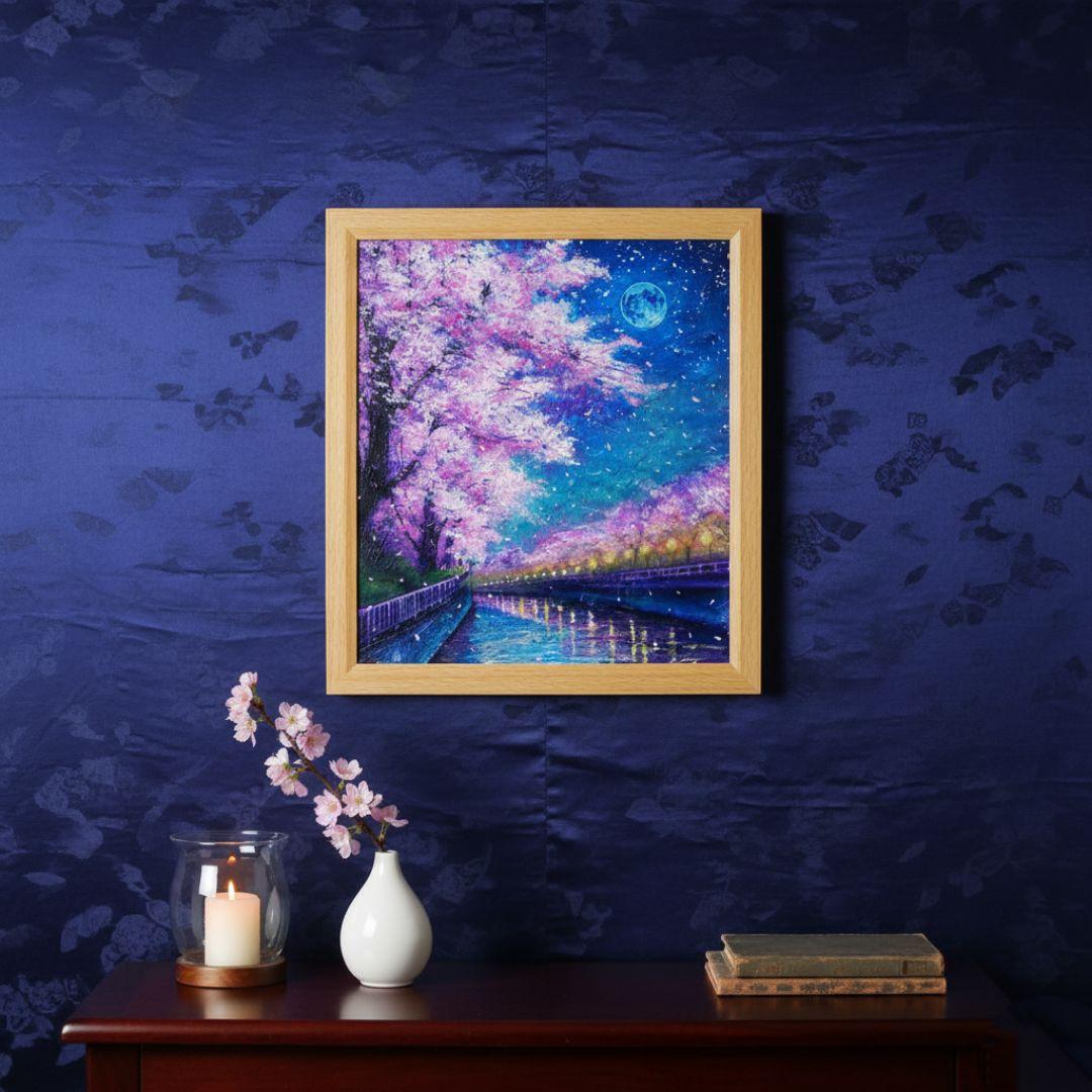 真作】油絵「青い満月の夜桜」原画 額装済み 幻想的な風景画 ギフトに