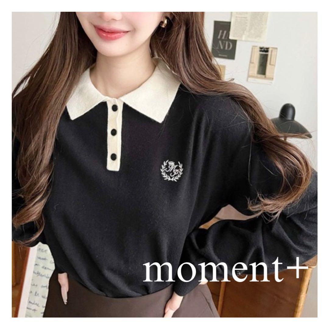 新品】moment+ ワンポイント刺繍入り衿付きポロニット12G ブラック