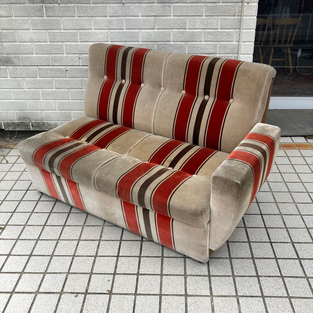 昭和レトロ ベロアストライプソファー 2人掛けソファー アームチェア