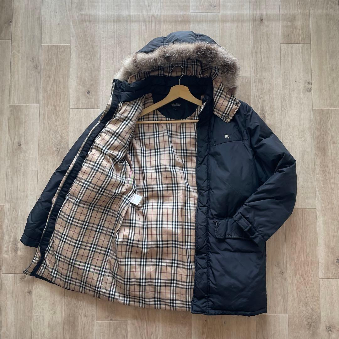 バーバリー ダウンコートジャケット フォックスファー ノバチェック 黒