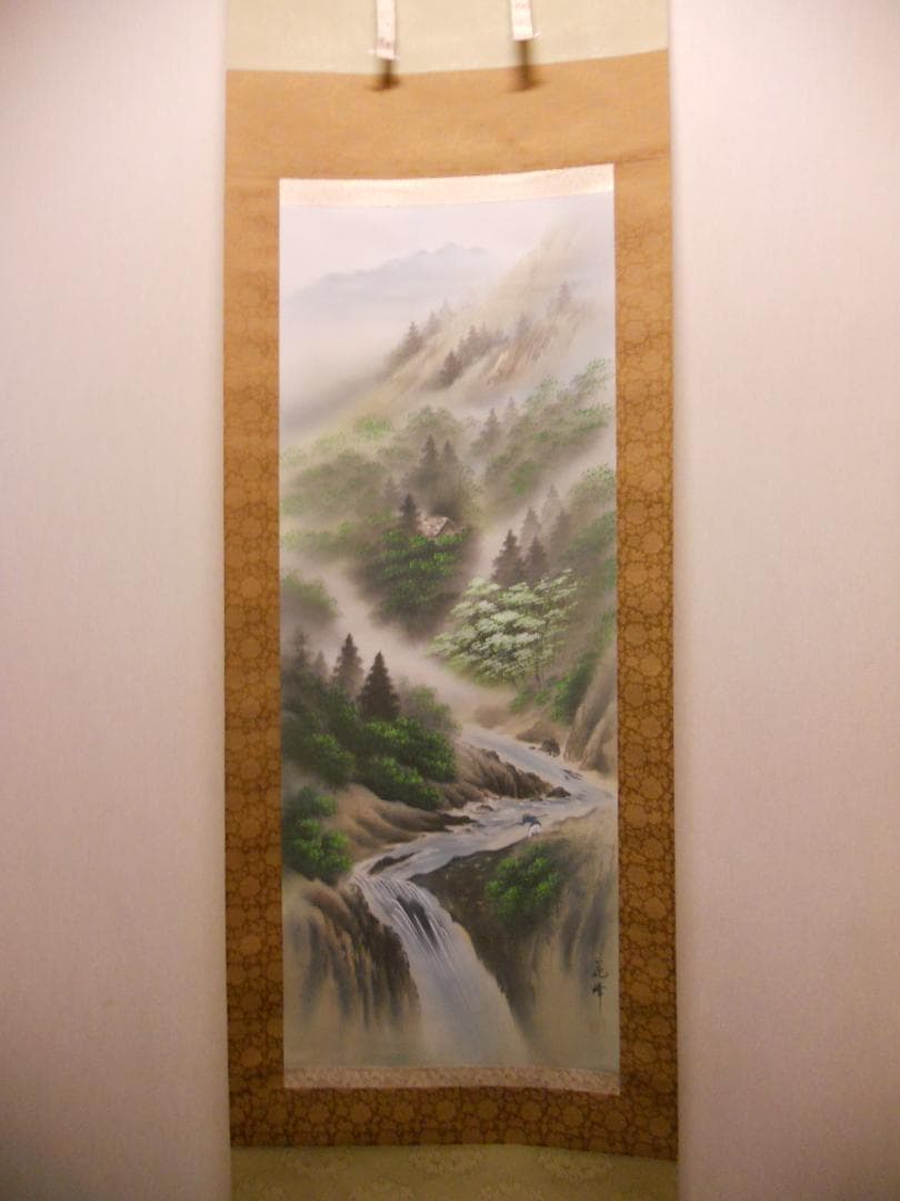 掛け軸 花峰 彩色山水 絹本 希少 軸装 茶道具 掛軸 美品 です。 - メルカリ